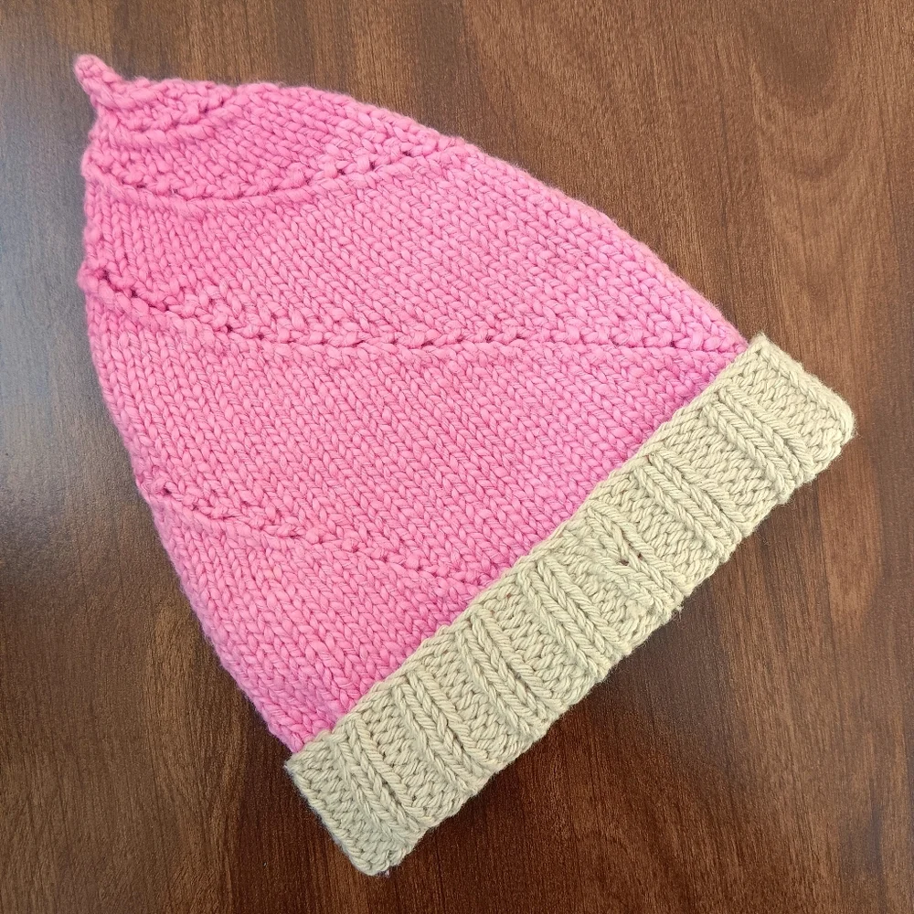Hand Crafted Handknit Pink Cotton Strawberry Swirl Ice Cream Cone Baby Hat 6M